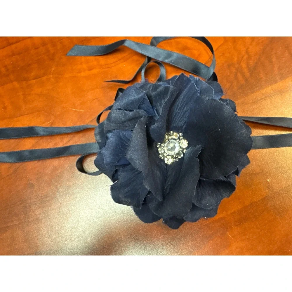Vtg J.Crew‎ Navy Blue Fabric Flower Ribbon Belt Rhinestone Center Sash Accessory